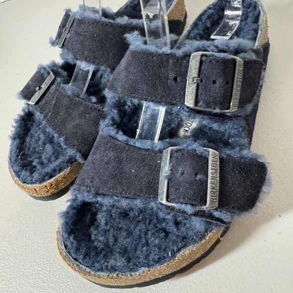Birkenstock Arizona Shearling Sandals Navy Blue Suede Women’s 39 Fuzzy Cozy - Picture 3 of 16